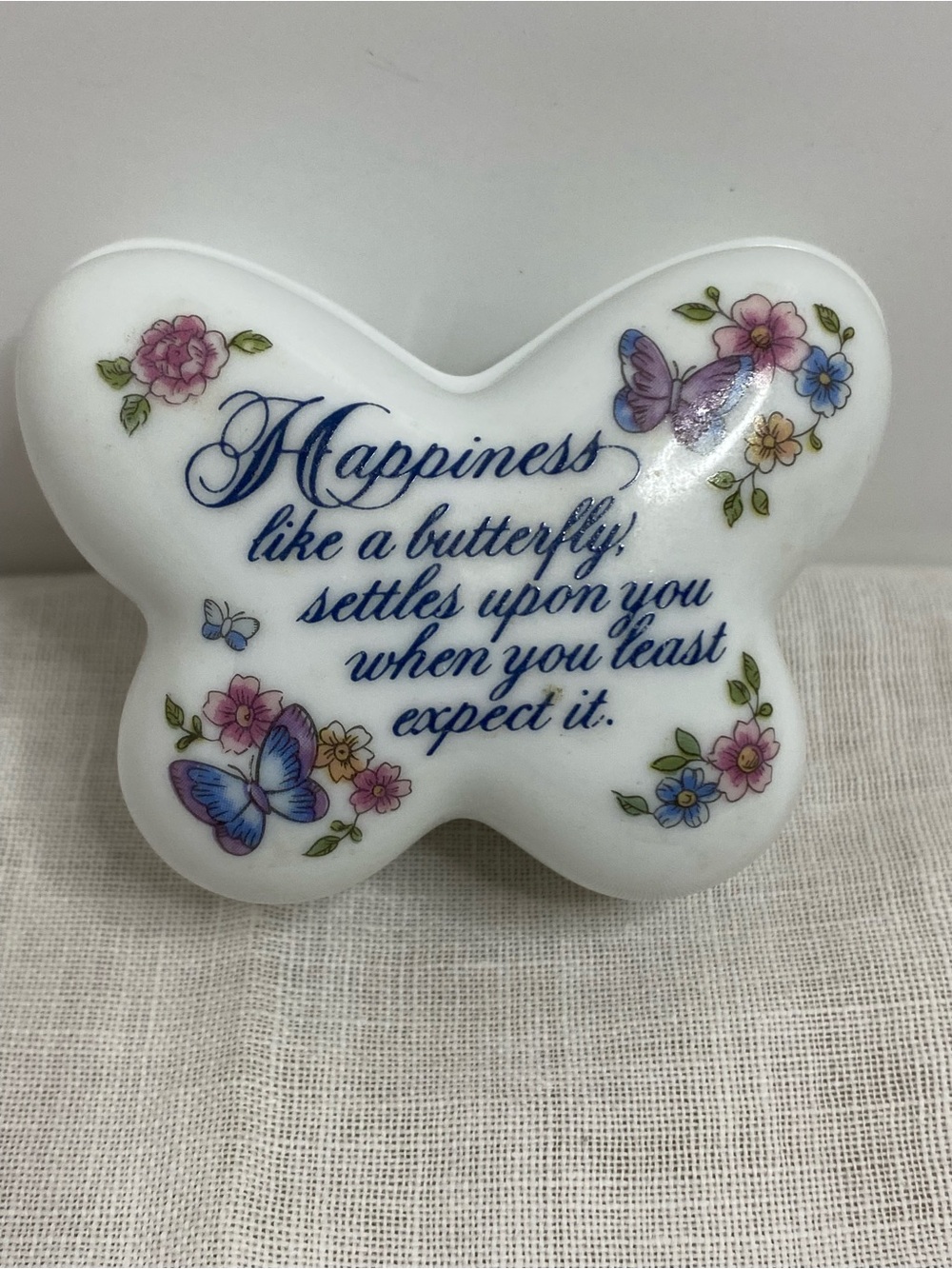 Vintage Avon Butterfly Shape Porcelain Trinket Box Happiness Quote Floral